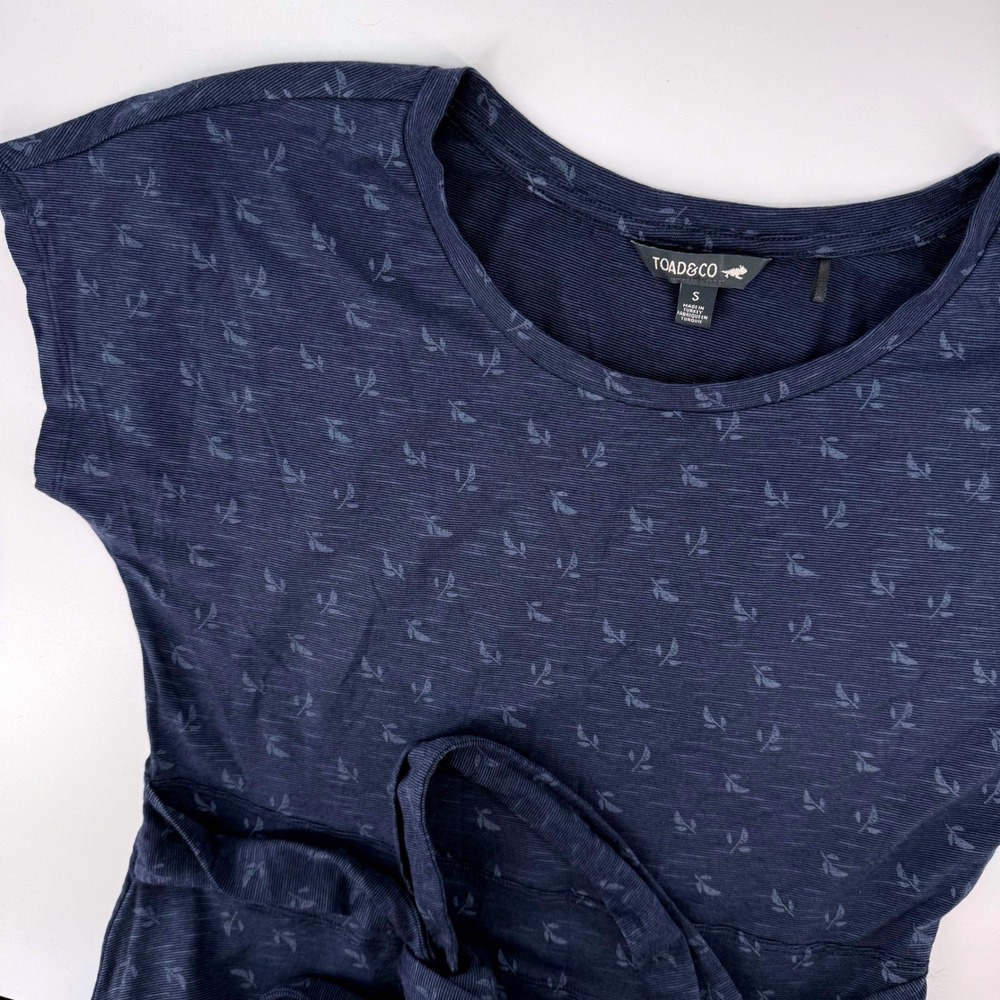 Toad&Co Cue Wrap Dress Small Navy Blue Leaf Print Sustainabl Cotton Short Sleeve